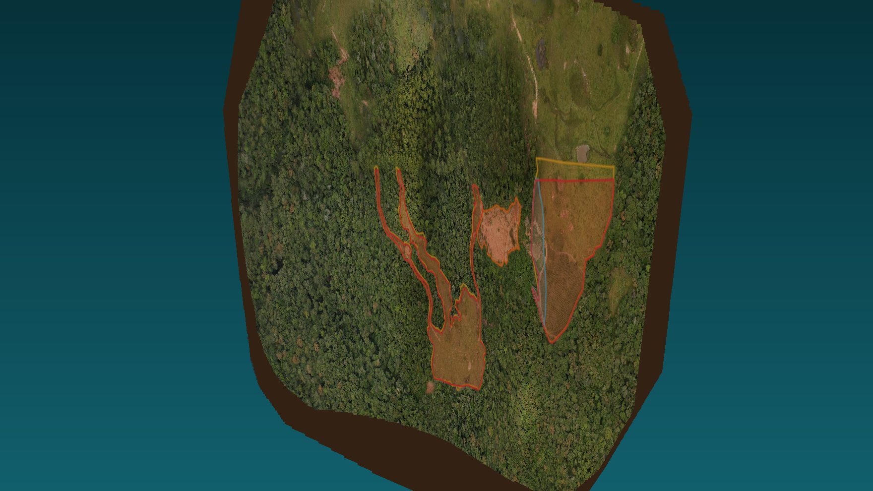 Modelo 3D do imóvel rural levantado com drone, com as camadas do laudo